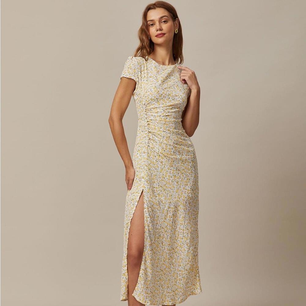 RIHOAS The Yellow Round Neck Floral Midi Dress XS